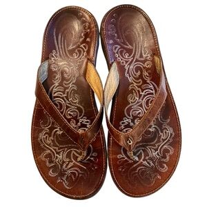 Olukai Olu Kai Flip Flops Womens US 10 EU 40 Paniolo Leather Sandal Brown